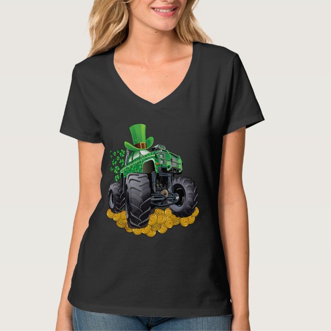 Leprechaun Monster Lastbil Shamrock St Patrick Day T Shirt (Framsida)