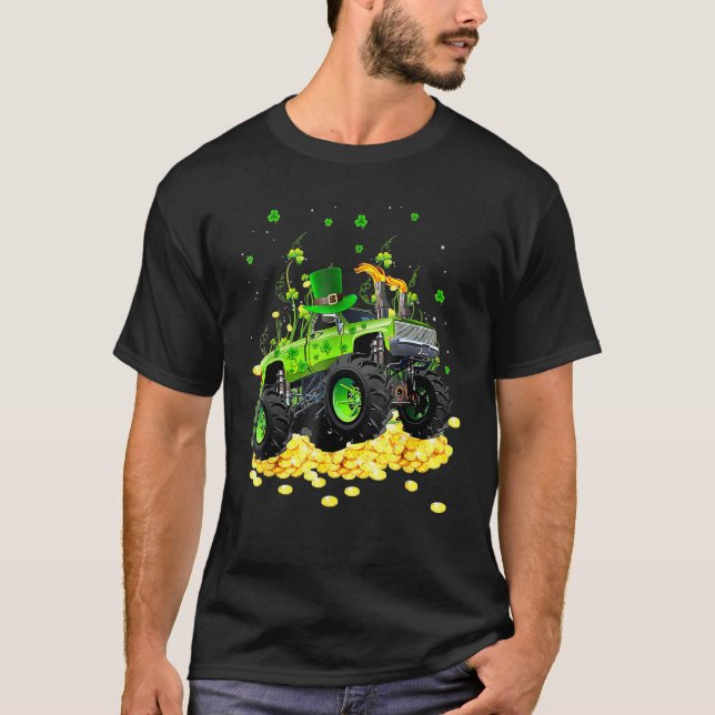 Leprechaun Monster Lastbil Shamrock St Patrick Day T Shirt (Framsida)
