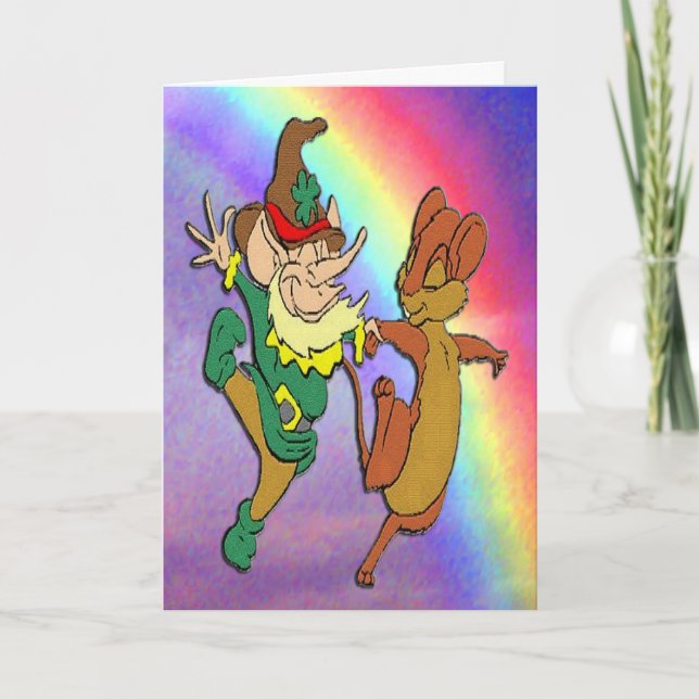 Leprechaun och Mouse Dancing with Rainbow Kort (Framsida)