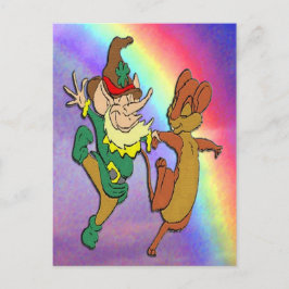 Leprechaun och Mouse Dancing with Rainbow Vykort