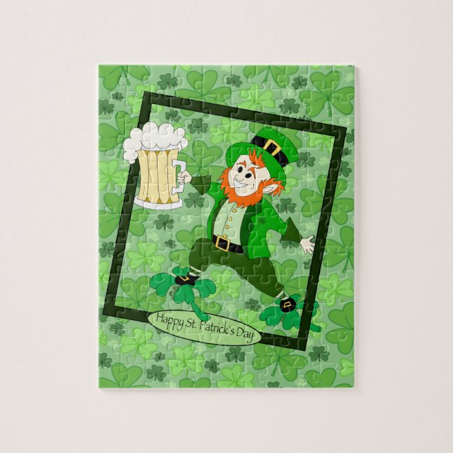 Leprechaun + öl "Lycklig St. Patrick's Day" Pussel (Vertikal)