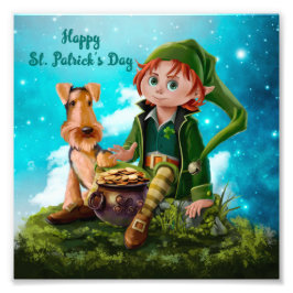 Leprechaun-pojken, Irish Terrier and pot of guld Fototryck