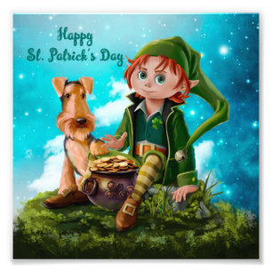 Leprechaun-pojken, Irish Terrier and pot of guld Fototryck