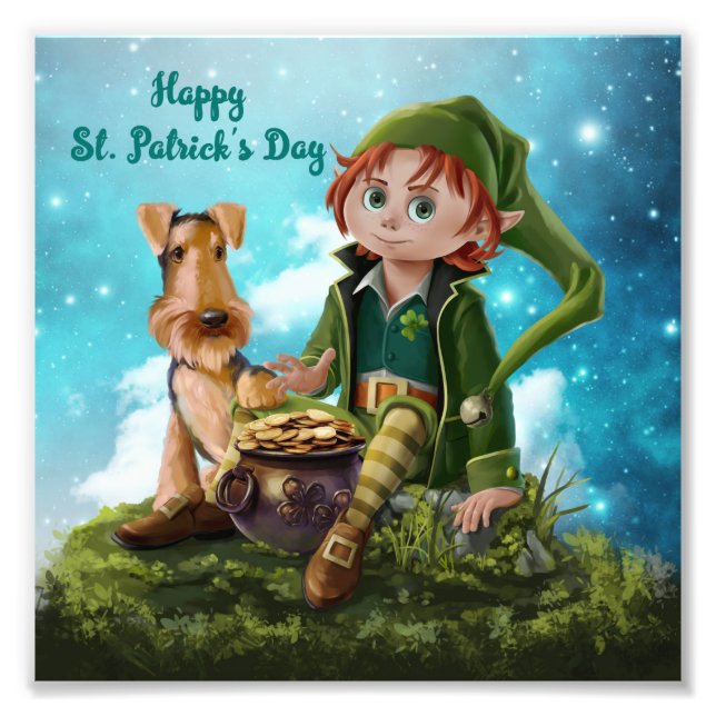 Leprechaun-pojken, Irish Terrier and pot of guld Fototryck (Framsidan)