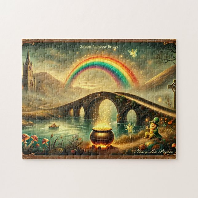 Leprechaun Rainbow Bridge Vintage Irish Scene Pussel (Horisontell)