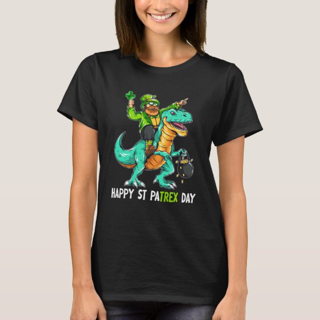 Leprechaun Riding Dinosaur Rex Lycklig St Patrick  T Shirt (Framsida)