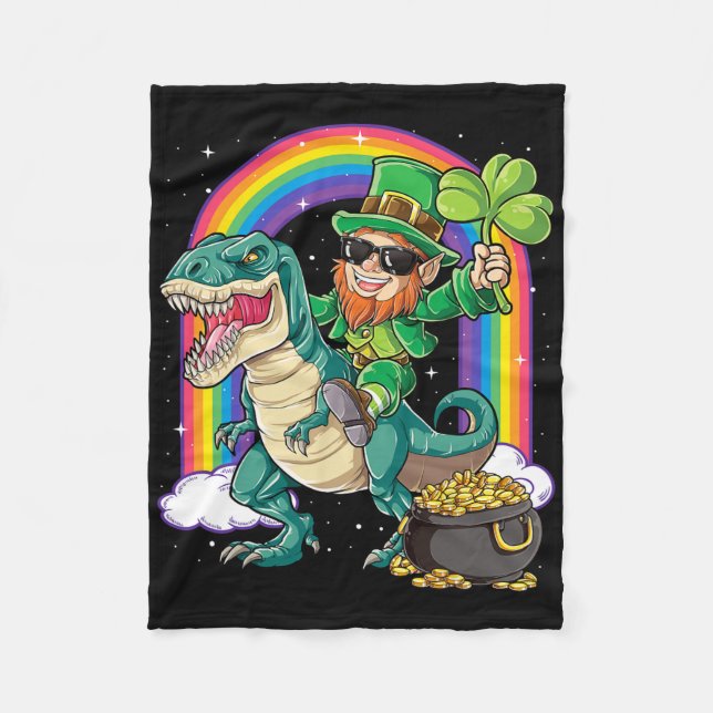 Leprechaun Ridning Dinosaur St Patricks Day Pojkar Fleecefilt (Framsidan)