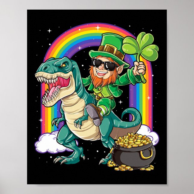 Leprechaun Ridning Dinosaur St Patricks Day Pojkar Poster (Framsidan)