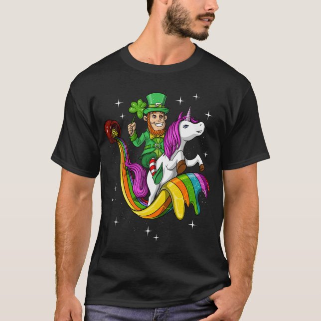 Leprechaun Ridning Enhörning St Patricks T Shirt (Framsida)