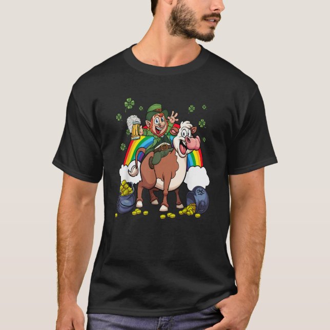 Leprechaun Ridning Ko Hatt Shamrock Blad St Patric T Shirt (Framsida)