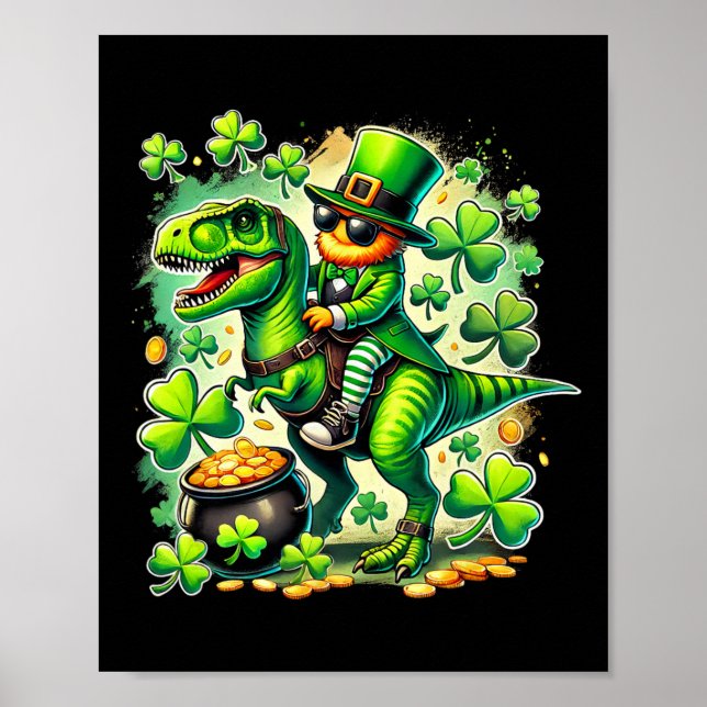 Leprechaun Ridning T Rex Dinosaur St Pat Trex Patr Poster (Framsidan)