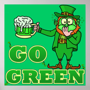 Leprechaun, rolig "Go Green"-drickande Poster