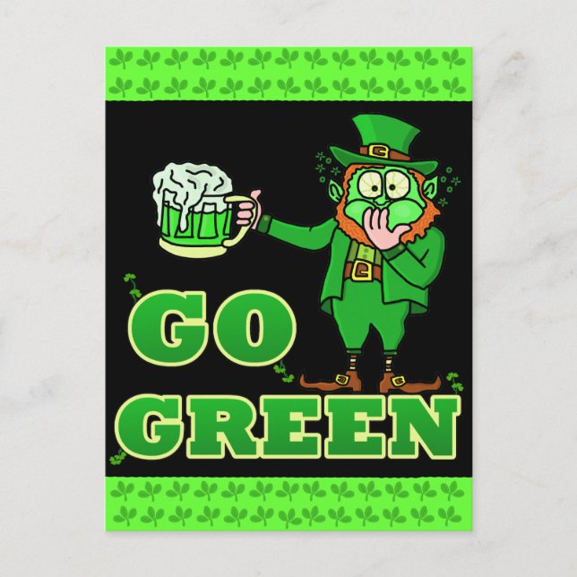 Leprechaun, rolig "Go Green"-drickande Vykort (Framsida)
