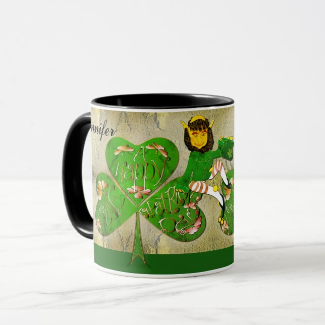 Leprechaun Shamrock "Lycklig St. Patrick's" Mugg (Framsida vänster)