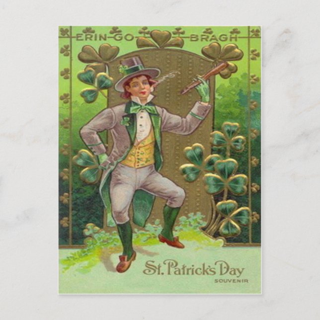 Leprechaun Shamrock Shillelagh Clay Pipe Vykort (Framsida)