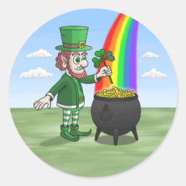 Leprechaun stående vid regnbågens slut runt klistermärke