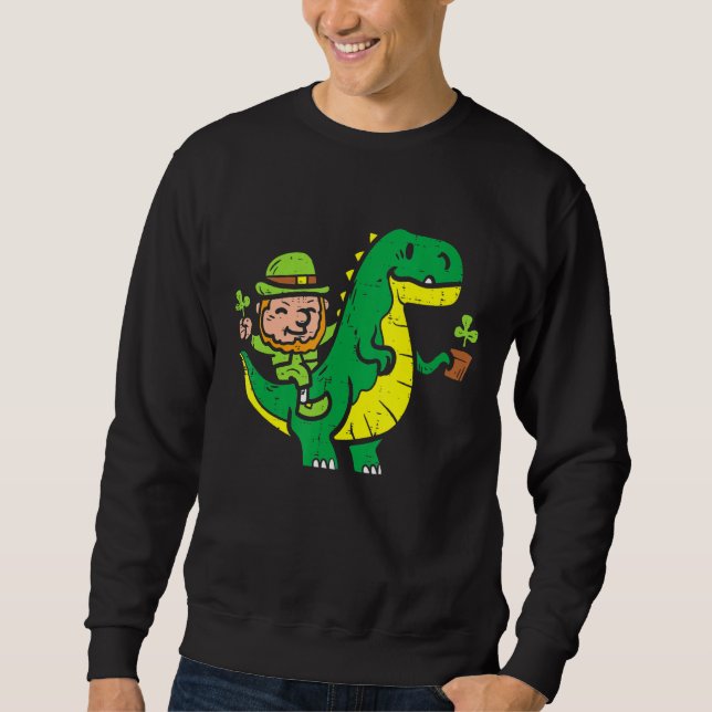 Leprechaun T Rex Dinosaur Shamrock St Patrick Day Lång Ärmad Tröja (Framsida)