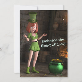 Leprechaun Tecknad Tjej Bredvid Guldgrytan Julkort