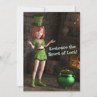Leprechaun Tecknad Tjej Bredvid Guldgrytan Julkort