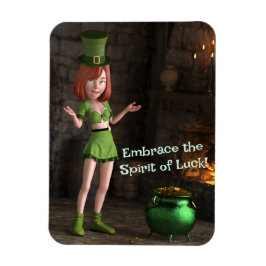 Leprechaun Toon Girl bredvid Potten i Guld Magnet