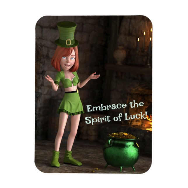 Leprechaun Toon Girl bredvid Potten i Guld Magnet (Vertikal)