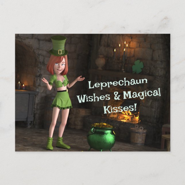 Leprechaun Toon Girl bredvid Potten i Guld Vykort (Framsida)