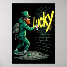Leprechaun ympade en vägg med ord "Lucky" Poster