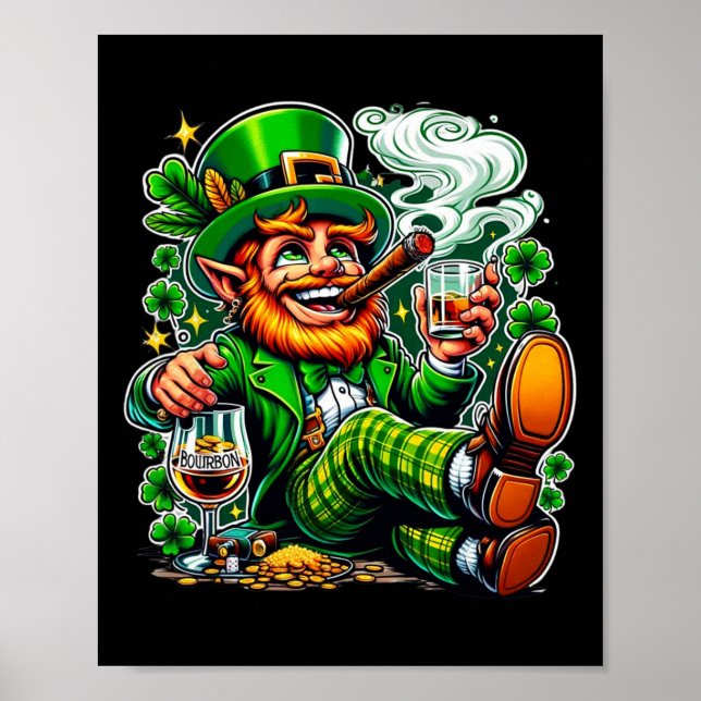 Leprechauns St. Paddys Day Bourbon Och Cigarrer  Poster (Framsidan)