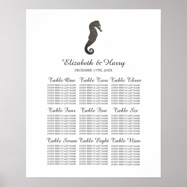 Lera Seahorse Beach Wedding Sittdiagram Poster (Framsidan)