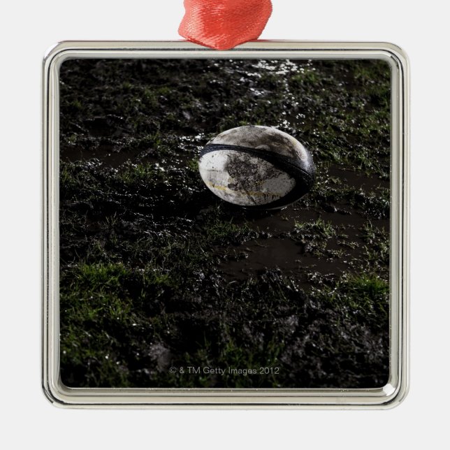 Lerig rugbybollsitta på som tuggas upp gräs julgransprydnad metall (Framsidan)