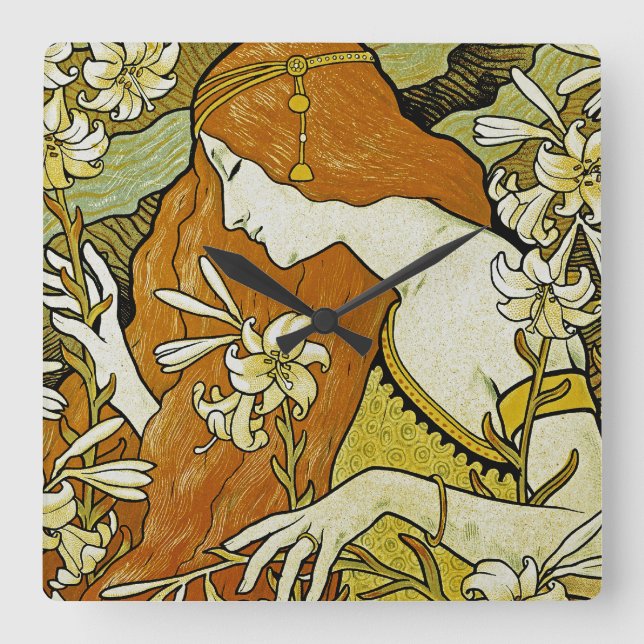 L'Ermitage Art nouveau Blommigt Fyrkantig Klocka (Framsida)