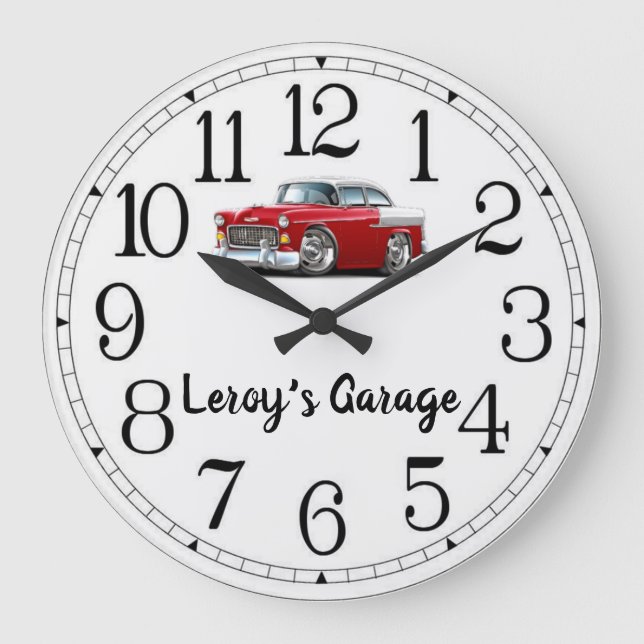 Leroys Garage Red & White Classic Car Stor Klocka (Framsida)
