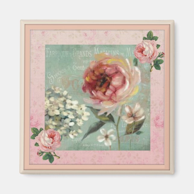 Les Belles Fleurs Rosa Vintage Stil Magnet (Framsidan)
