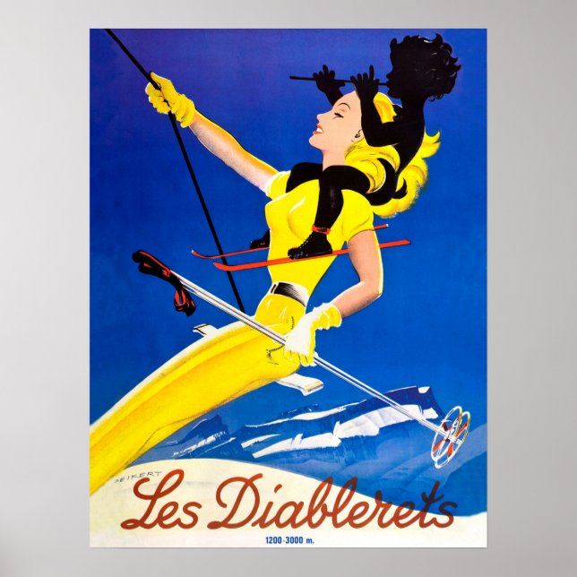 Les Diablerets, kvinna på skidlift Poster (Framsidan)