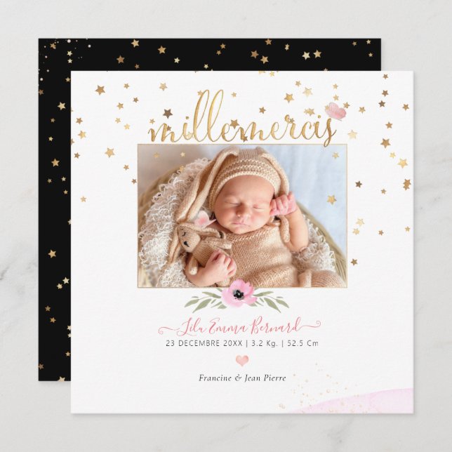 Les etoiles d'or Remerciement Naissance Fille Inbjudningar (Fram/baksida)