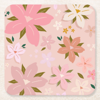Les Fleurs 05 Blommönster Rosa Flowers Underlägg Papper Kvadrat