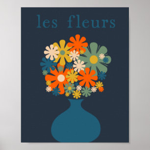 Les Fleurs Cheerful Retro Flowers i Vas Blue Poster