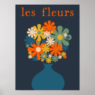 Les Fleurs Cute Retro Flowers i Vas Blue Orange Poster