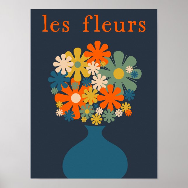 Les Fleurs Cute Retro Flowers i Vas Blue Orange Poster (Framsidan)