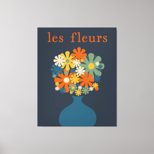 Les Fleurs Retro Flowers i Vas Blue Orange Canvastryck (Framsida)