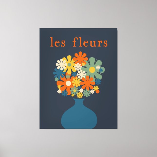 Les Fleurs Retro Flowers i Vas Blue Orange Canvastryck (Framsida)