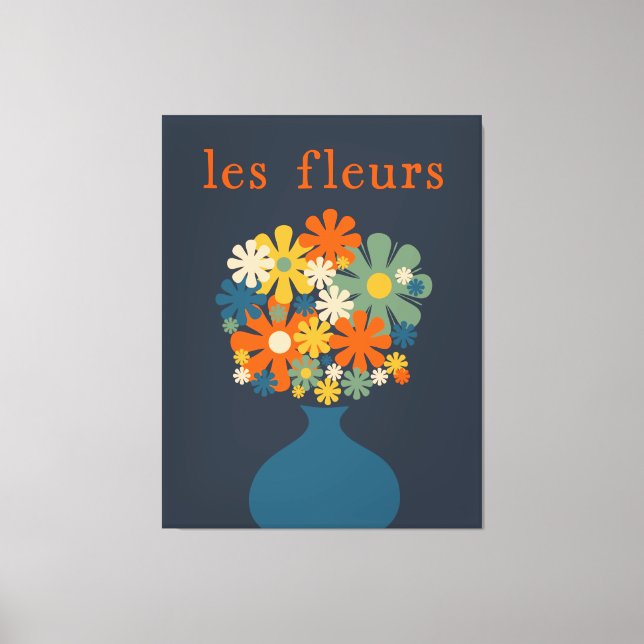 Les Fleurs Retro Flowers i Vas Blue Orange Canvastryck (Framsida)