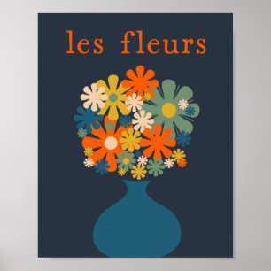 Les Fleurs Retro Flowers i Vas Blue Orange Poster