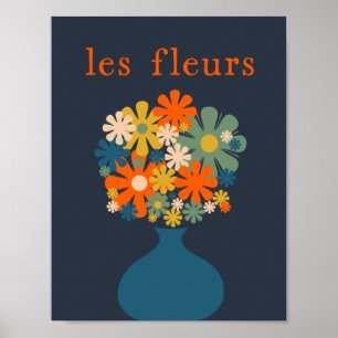 Les Fleurs Retro Flowers i Vas Blue Orange Poster