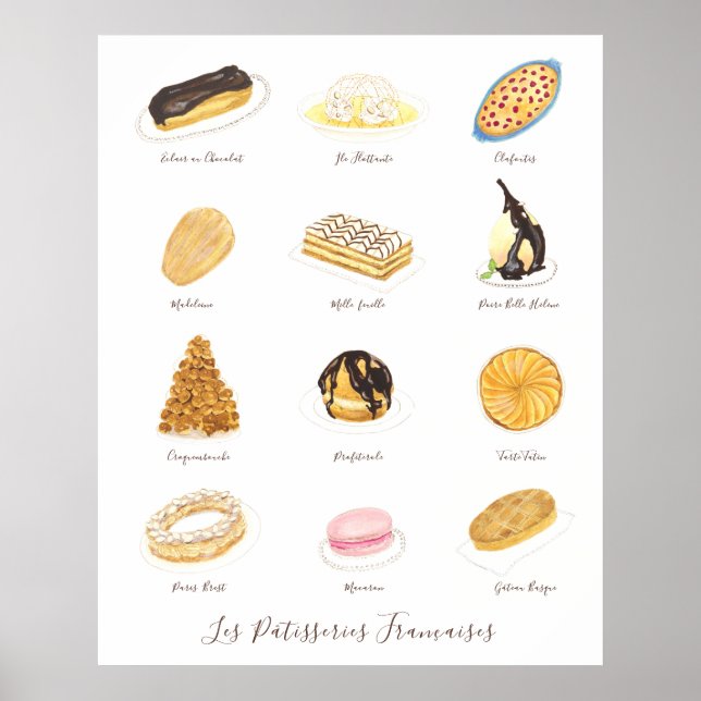 Les Pâtisserie Françaises vattenfärg Poster (Framsidan)