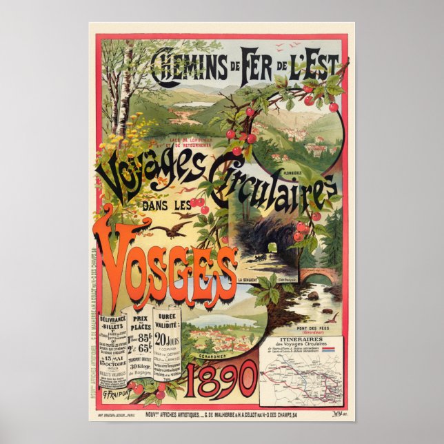 Les Vosges Frankrike Vintage Railroad Poster 1890 (Framsidan)