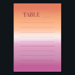 Lesbian Wedding Pride Flag Gradient Table Numbers Bordsnummer<br><div class="desc">Lesbian wedding table number cards for two brides featuring the lesbian pride flag gradient—soft pink blending to warm orange. The front displays "Table" with an editable line for the table number. The back features your names, wedding date, and pre-formatted lines for handwriting the guest list for each table. These practical...</div>