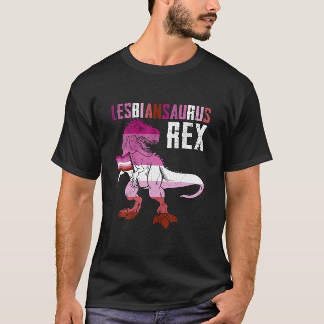 Lesbiansaurus rex dosinosaur i Lesbisk Flagga för  T Shirt (Framsida)