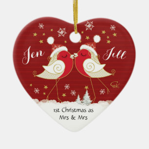 Lesbisk, 1st jul som Fru & Fru, Robinshjärta Julgransprydnad Keramik