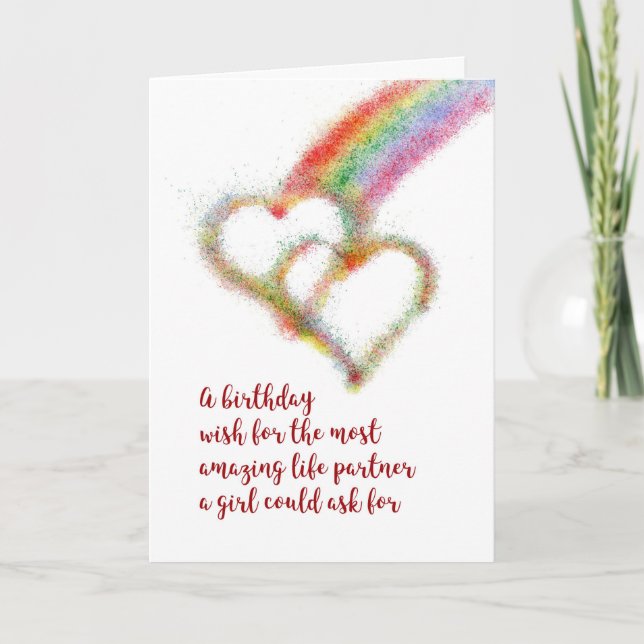 Lesbisk Birthday Wish for Life Partner, Rainbow Kort (Framsida)